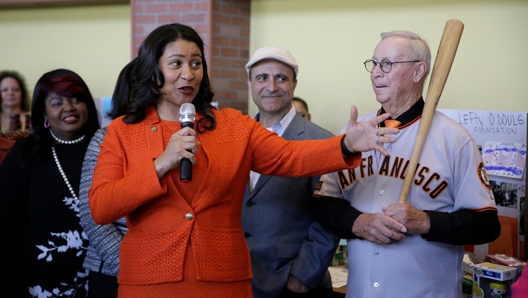 San Francisco Mayor London Breed speaks during the opening of Lefty O'Doul's new 20,000 square foot Baseball Ballpark Buffet & CafÃ© at Fisherman's Wharf.
