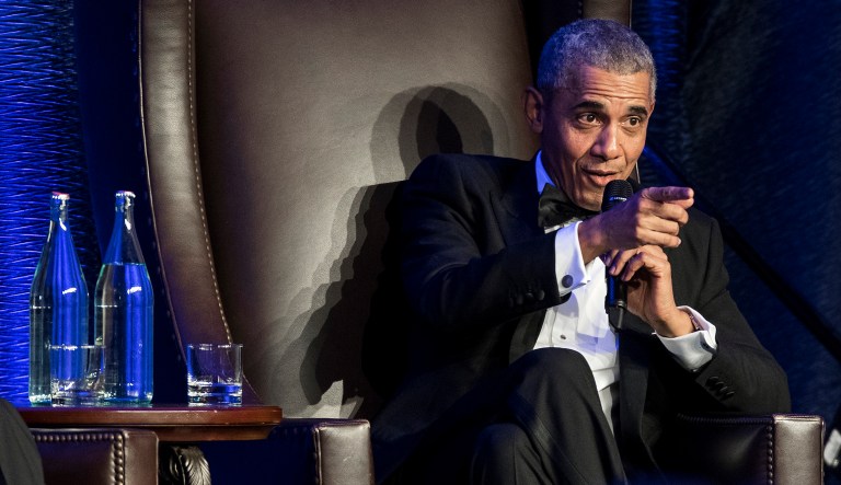 Former President Barack Obama speaks during the 25th anniversary gala celebration for Rice University's Baker Institute for Public Policy on Tuesday, Nov. 27, 2018, in Houston.