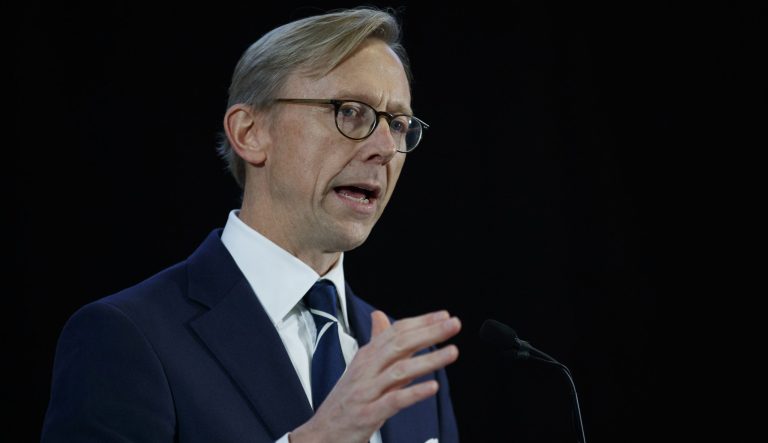 Brian Hook, Special Representative for Iran, speaks at the Iranian Materiel Display (IMD) at Joint Base Anacostia-Bolling, in Washington, Thursday, Nov. 29, 2018, about the Iranian regime's transfer of arms to proxy groups and ongoing missile development. 