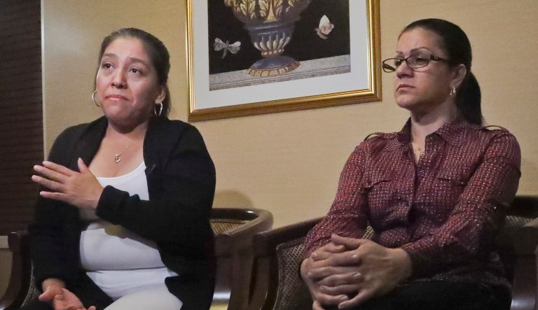 Victorina Morales, left, and Sandra Diaz, right, recall their experiences working at President Donald Trump's golf resort in Bedminster, N.J. 