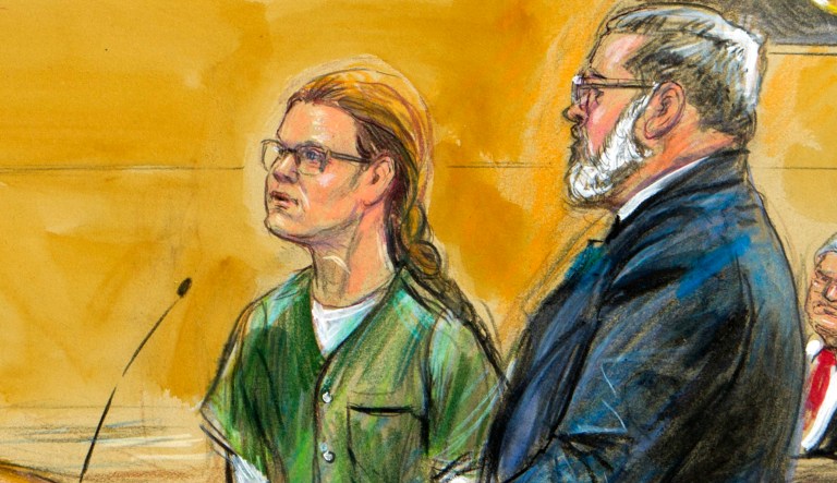 In this courtroom sketch, Maria Butina, left, is shown next to her attorney Robert Driscoll, before U.S. District Judge Tanya Chutkan, during a court hearing at the U.S. District Court in Washington, D.C.
