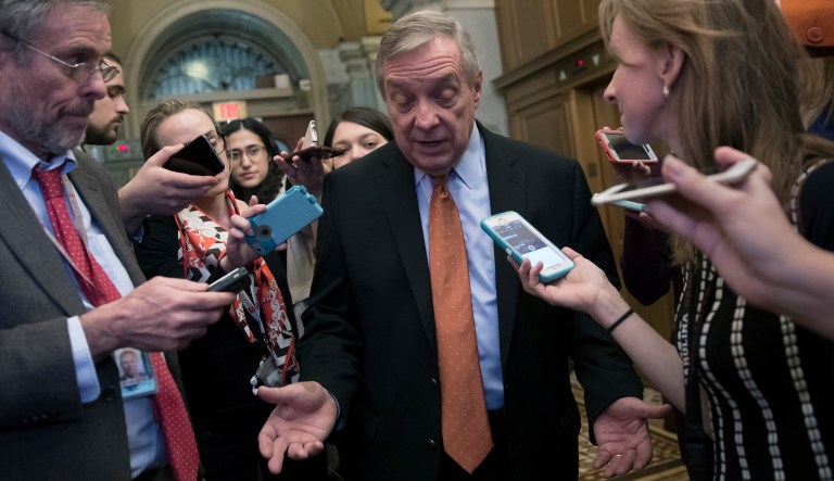 Sen. Dick Durbin, D-Ill., the assistant Democratic leader, speaks to reporters as the Senate takes up a House-passed bill that would pay for President Donald Trump's border wall and avert a partial government shutdown, at the Capitol in Washington, Friday, Dec. 21, 2018. 
