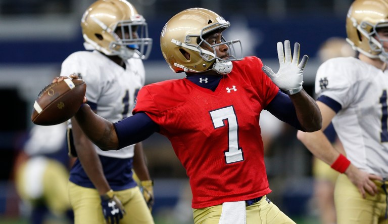 Notre Dame quarterback Brandon Wimbush (7) throws a pass during team practice at AT&T Stadium in Arlington, Texas, Monday, Dec. 24, 2018. Notre Dame is scheduled to play Clemson in the NCAA Cotton Bowl semi-final playoff Saturday.