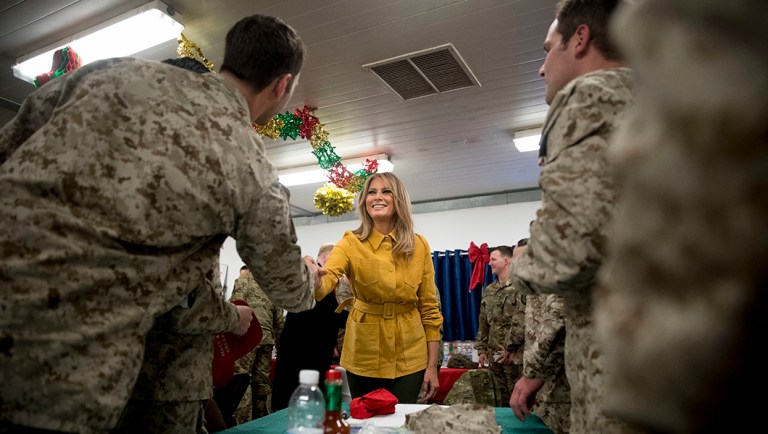 First lady Melania Trump visits with troops at a dining hall at Al Asad Air Base, Iraq.