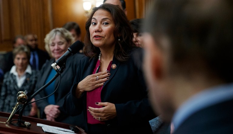 Rep. Veronica Escobar, D-Texas, speaks during a news conference on Capitol Hill in Washington, Friday, Jan. 4, 2019, about introduction of H.R. 1 - For the People Act.