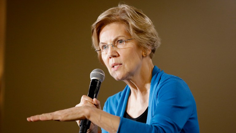 Sen. Elizabeth Warren, D-Mass, addresses the crowd at an organizing event.