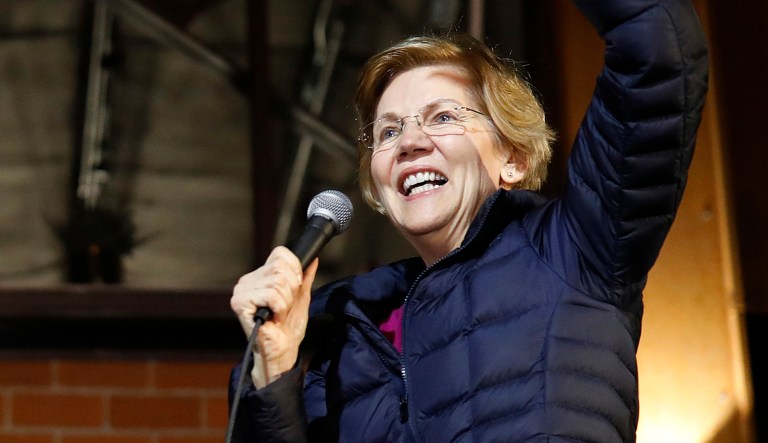 Sen. Elizabeth Warren, D-Mass, addresses an overflow crowd.