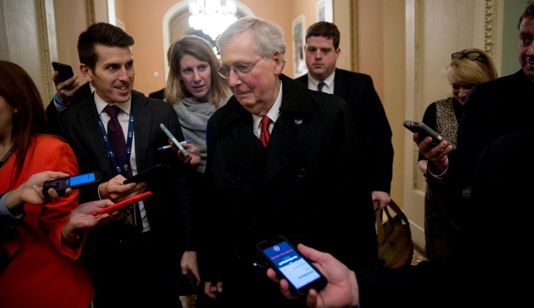 Senate Majority Leader Mitch McConnell of Kentucky leaves for the day after two Senate bills to ending the partial government shutdown fail on Capitol Hill in Washington, Thursday, Jan. 24, 2019.