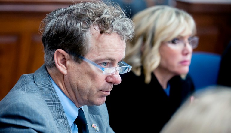 U.S. Sen. Rand Paul, left, R-Ky., and wife Kelley Paul listen to questions Monday, Jan. 28, 2019, during jury selection in a civil trial in Warren Circuit Court in Bowling Green, Ky.