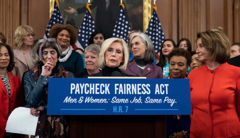 Lilly Ledbetter, center, an activist for workplace equality, is flanked by Speaker of the House Nancy Pelosi, D-Calif., right, and Rep. Rosa DeLauro, D-Conn., sponsor of the Paycheck Fairness Act, left, speaks at an event to advocate for the Paycheck Fairness Act on the 10th anniversary of President Barack Obama signing the Lilly Ledbetter Fair Pay Act, at the Capitol in Washington, Wednesday, Jan. 30, 2019. The legislation, a top tier issue for the new Democratic majority in the House, would strengthen the Equal Pay Act of 1963 and guarantee that women can challenge pay discrimination and hold employers accountable.