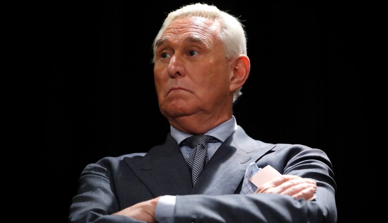 Roger Stone, longtime friend and confidant of President Trump, waits to speak to members of the media at at a hotel in Washington, Thursday, Jan. 31, 2019. 