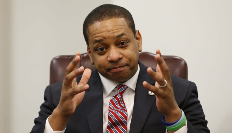 Virginia Lt. Gov. Justin Fairfax speaks during an interview in his office at the Capitol in Richmond, Va., on Saturday, Feb. 2, 2019.