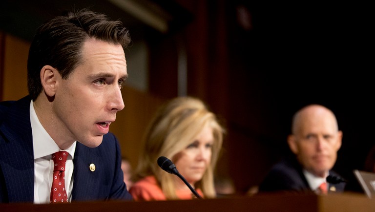 From left, Sen. Josh Hawley, R-Mo., accompanied by Sen. Marsha Blackburn, R-Tenn., and Sen. Rick Scott, R-Fla., questions U.S. Central Command Commander Gen. Joseph Votel as he testifies at a Senate Armed Services Committee hearing on Capitol Hill, Tuesday, Feb. 5, 2019, in Washington. (AP Photo/Andrew Harnik)