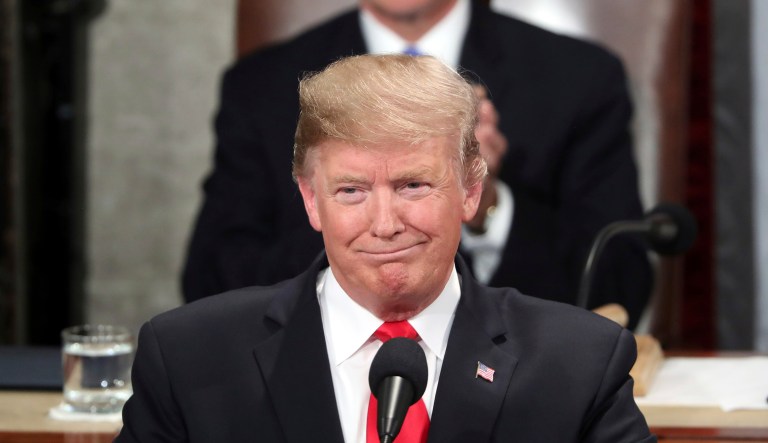 President Donald Trump delivers his State of the Union address to a joint session of Congress on Capitol Hill in Washington, as Vice President Mike Pence watched, Tuesday, Feb. 5, 2019. 