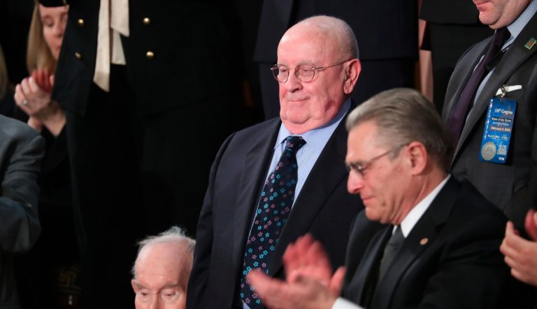 Holocaust survivor Judah Samet was in the Tree of Life parking lot in Pittsburgh during the shooting in the synagogue President Donald Trump delivers his State of the Union address to a joint session of Congress on Capitol Hill in Washington, as Vice President Mike Pence and Speaker of the House Nancy Pelosi, D-Calif., watch, Tuesday, Feb. 5, 2019.