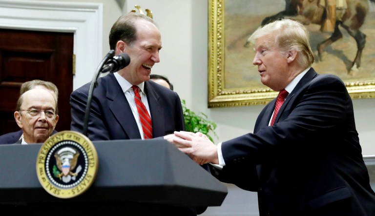 President Trump shakes hands as he announces his nomination of David Malpass to head the World Bank.