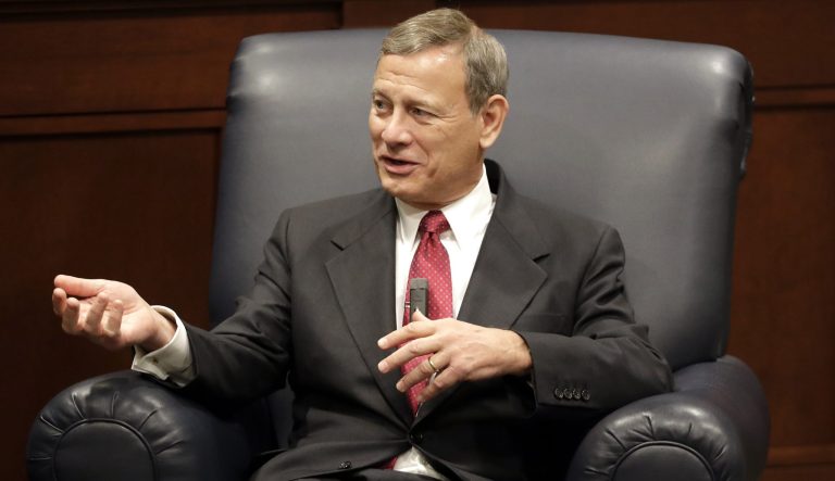 Supreme Court Chief Justice John Roberts answers questions during an appearance at Belmont University Wednesday, Feb. 6, 2019, in Nashville, Tenn. 