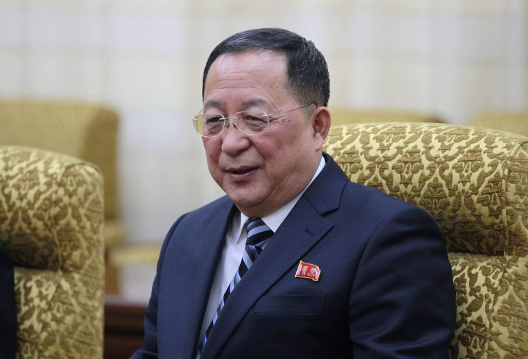 North Korean Foreign Minister Ri Yong Ho meets with his Vietnamese counterpart Pham Binh Minh at the Mansudae Assembly Hall in Pyongyang, North Korea, Wednesday, Feb. 13, 2019.