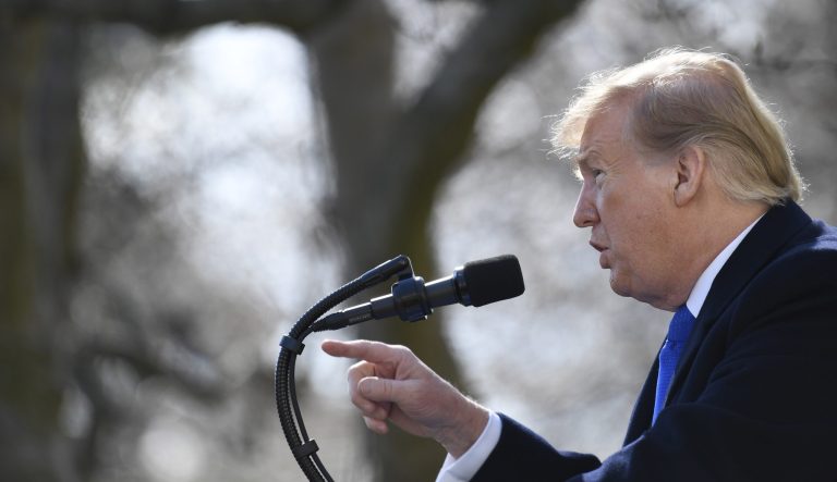 President Donald Trump speaks during an event in the Rose Garden at the White House in Washington, Friday, Feb. 15, 2019, to declare a national emergency in order to build a wall along the southern border. 