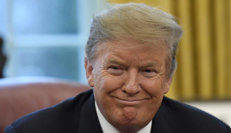 President Donald Trump smiles during his meeting with Chinese Vice Premier Liu He in the Oval Office of the White House in Washington, Friday, Feb. 22, 2019. 
