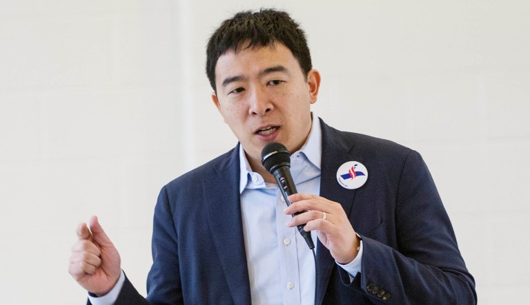Andrew Yang, a candidate in the Democratic primaries for president, speaks at a town hall meeting.