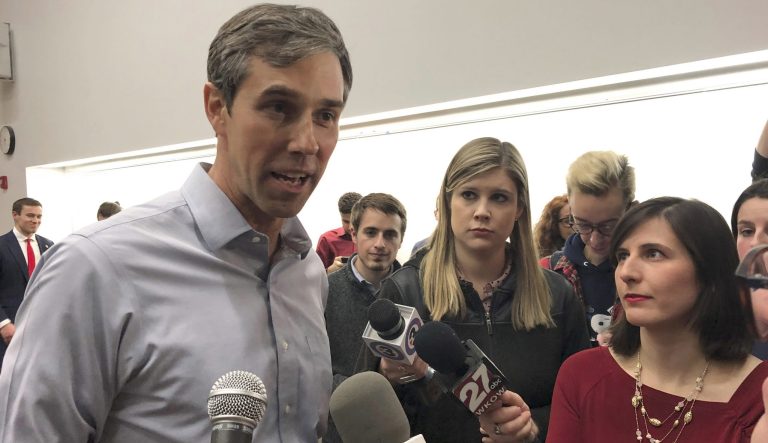 In this Feb. 15, 2019 photo, Beto O'Rourke speaks to reporters in Madison, Wis.