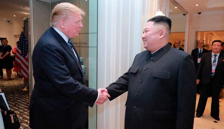 In this Thursday, Feb. 28, 2019, photo provided Friday, March 1, 2019, by the North Korean government, U.S. President Donald Trump, left, and North Korean leader Kim Jong Un, right, shake hands before their meeting at a hotel in Hanoi, Vietnam.