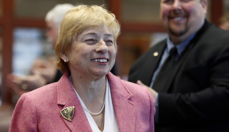 Gov. Janet Mills arrives in the House Chamber to attend Chief Justice Leigh Saufley's state of the judiciary address to the Legislature, Tuesday, Feb. 26, 2019, at the State House in Augusta, Maine. 
