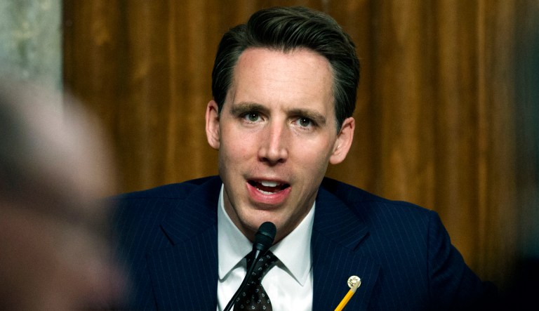 In this Feb. 29, 2019 photo, Sen. Josh Hawley, R-Mo., speaks during a Senate Armed Services Committee hearing on Capitol Hill in Washington. 