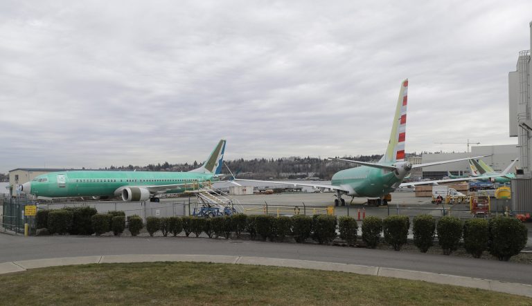 Two Boeing 737 MAX 8 airplanes sit parked at Boeing Co.'s Renton Assembly Plant, Monday, March 11, 2019, in Renton, Wash. 