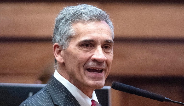Sen. Del Marsh speaks during debate on the gas tax bill on the state floor in the Alabama Statehouse in Montgomery, Ala.