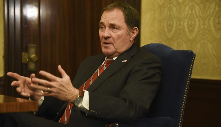 Gov. Gary Herbert speaks with Salt Lake Tribune reporters on the final day of the legislative session on Thursday, March 14, 2019. 
