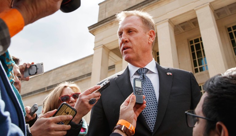 Acting Defense Secretary Patrick Shanahan talks to the media.