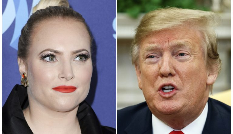 This combination photo shows TV personality Meghan McCain at the 26th Annual GLAAD Media Awards in Beverly Hills, Calif. on March 21, 2015, left, and President Donald Trump in the Oval Office of the White House in Washington on March 7, 2019. 