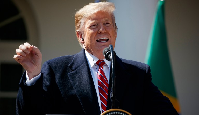 President Donald Trump speaks during a news conference with Brazilian President Jair Bolsonaro in the Rose Garden of the White House, Tuesday, March 19, 2019, in Washington. 
