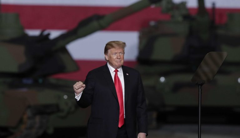 President Donald Trump takes the stage after speaking at Joint Systems Manufacturing Center in Lima, Ohio, Wednesday, March 20, 2019. 