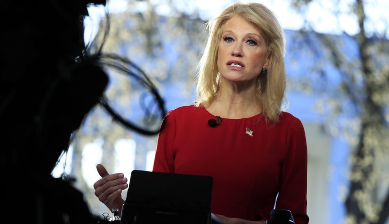 Counselor to the President Kellyanne Conway is interviewed on television outside the West Wing of the White House in Washington, Monday, March 25, 2019. 