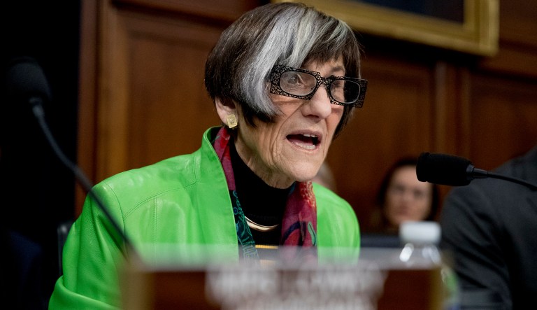 Rep. Rosa DeLauro, D-Conn., speaks as Education Secretary Betsy DeVos appears before a House Appropriations subcommittee hearing on budget on Capitol Hill in Washington, Tuesday, March 26, 2019.