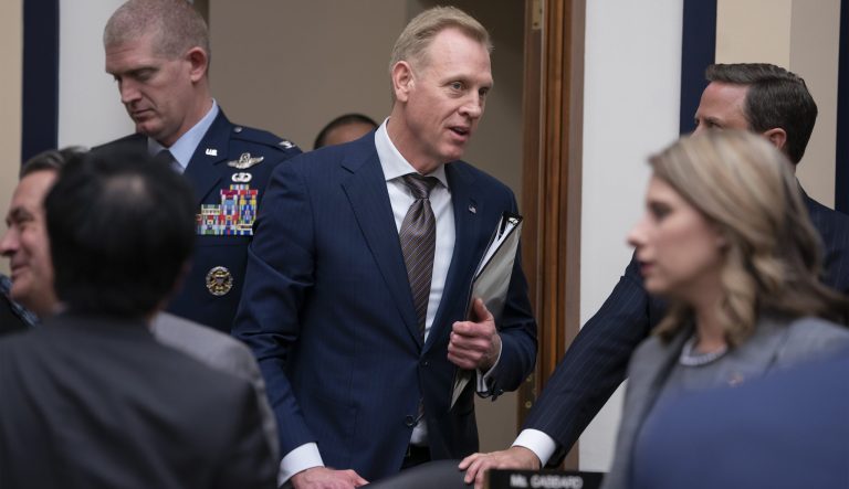 Acting Defense Secretary Patrick Shanahan arrives to testify at a House Armed Services Committee hearing on the fiscal year 2020 Pentagon budget, on Capitol Hill in Washington, Tuesday, March 26, 2019. 