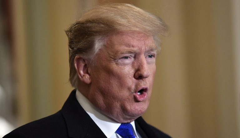 President Donald Trump speaks to members of the media as he arrives for a Senate Republican policy lunch on Capitol Hill in Washington, Tuesday, March 26, 2019. 