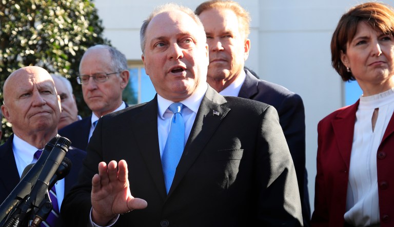 Rep. Rep. Steve Scalise, R-La., center, together with Rep. Kevin Brady, R-Texas, left, and Rep. Cathy McMorris Rodgers, R-Wa., right, and other Republican members of Congress speaks to reporters outside the West Wing of the White House following a meeting with President Donald Trump at the White House in Washington, Tuesday, March 26, 2019.