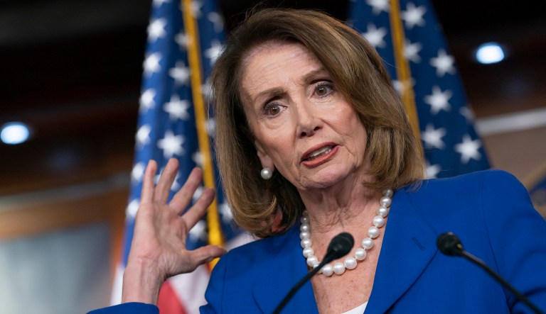 House Speaker Nancy Pelosi talks to the media.