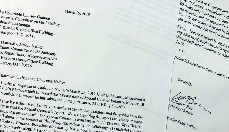 The letter that Attorney General William Barr sent to Congress on Friday, March 29, 2019, is photographed in Washington.