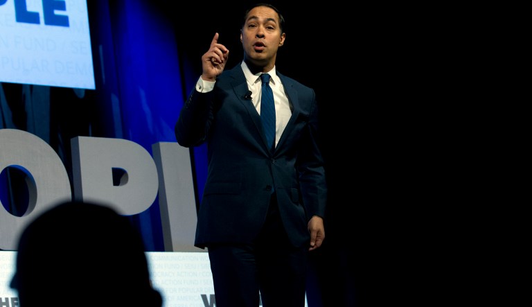 Former Housing and Urban Development Secretary and Democratic presidential candidate Julian Castro speaks during the We the People Membership Summit, featuring the 2020 Democratic presidential candidates, at the Warner Theater, in Washington, Monday, April 1, 2019.