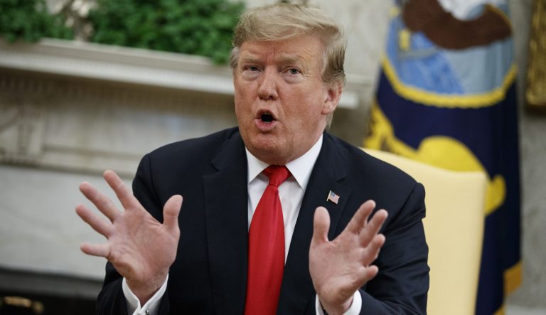 President Donald Trump speaks during a meeting with NATO Secretary General Jens Stoltenberg in the Oval Office of the White House, Tuesday, April 2, 2019, in Washington. 