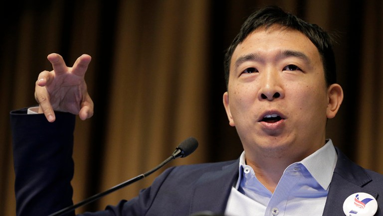 Presidential candidate and entrepreneur Andrew Yang speaks.