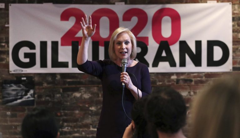 In this April 5, 2019 photo, Democratic presidential candidate Sen. Kirsten Gillibrand, D-N.Y., addresses a gathering during a campaign stop at a coffee house in Dover, N.H. 