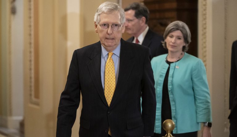 Senate Majority Leader Mitch McConnell, R-Ky., arrives to speak to reporters at the Capitol in Washington, Tuesday, April 9, 2019. 