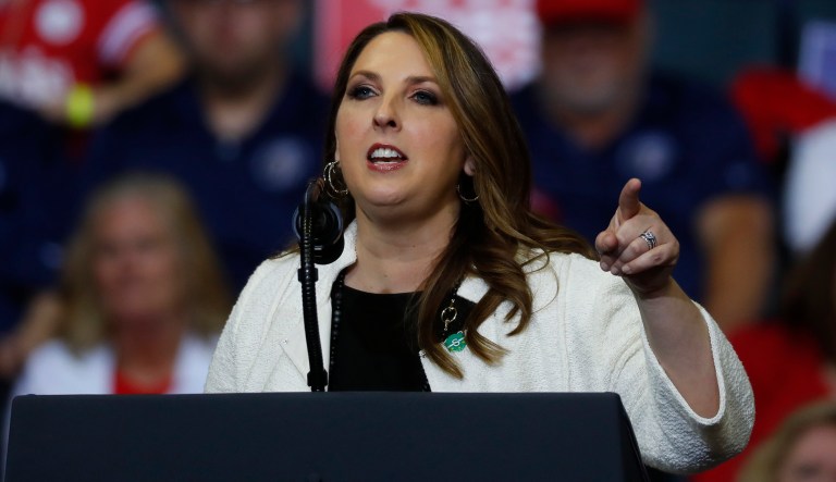 Republican National Committee Chairwoman Ronna McDaniel speaks at a rally for President Donald Trump in Grand Rapids, Mich., Thursday, March 28, 2019.