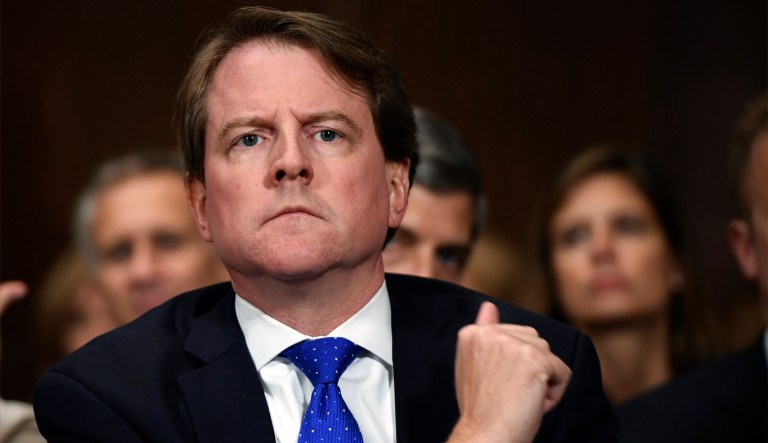 FILE - In this Sept. 27, 2018, file photo, White House counsel Don McGahn listens as Supreme court nominee Brett Kavanaugh testifies before the Senate Judiciary Committee on Capitol Hill in Washington. Rep. Jerrold Nadler, the chairman of the House Judiciary Committee has subpoenaed McGahn for testimony following the release of the report from special counsel Robert Mueller.